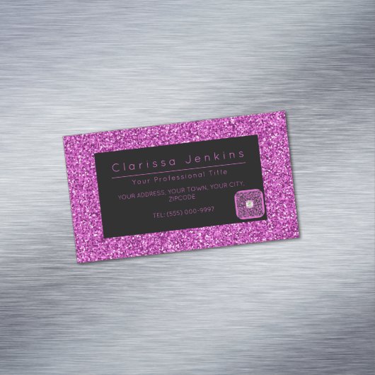 Luxe make-up artist zwart en roze glitter magnetisch visitekaartje (Voorbeeld)
