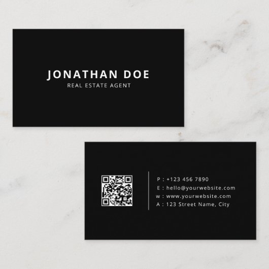 Luxe Makelaar Elegante Zwarte QR-code Visitekaartje (Voorkant / Achterkant)