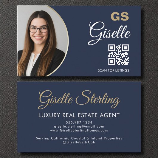 Luxe makelaar Navy Blue Gold QR-code Visitekaartje