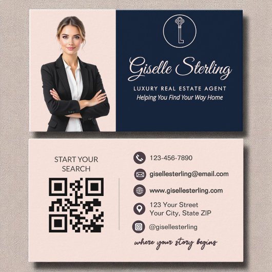 Luxe makelaar Navy Blush Foto QR-code Visitekaartje