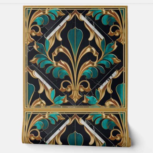 Luxe Malachiet Steen Art Deco Bloem Marmer Behang (Afrollen)