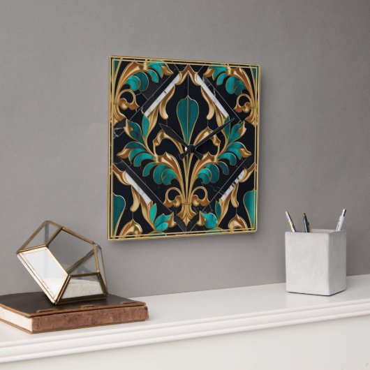 Luxe Malachiet Steen Art Deco Bloem Marmer Vierkante Klok (Kantoor)