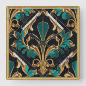 Luxe Malachiet Steen Art Deco Floral Marmer Vierkante Klok (Voorkant)