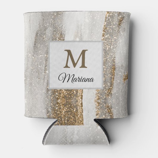 Luxe Marble Gold Strokes wit en grijs Blikjeskoeler (Voorkant)