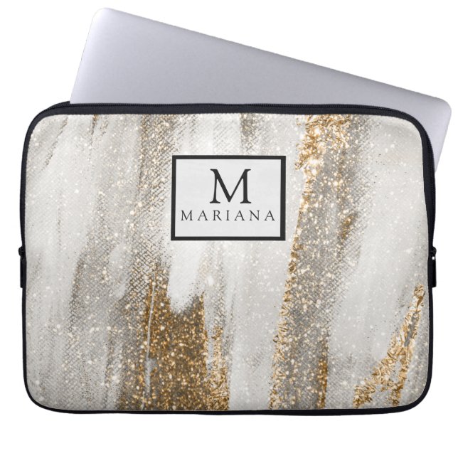 Luxe Marble Gold Strokes wit en grijs Laptop Sleeve (Voorkant)
