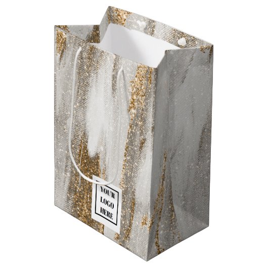 Luxe Marble Gold Strokes wit en grijs Medium Cadeauzakje (Voorkant Gekanteld)