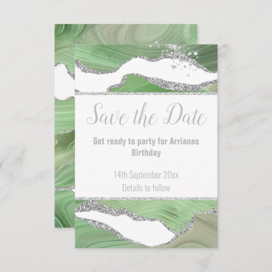 LUXE MARBLE SILVER GREEN RESPONS RSVP-KAART RSVP KAARTJE (Voorkant / Achterkant)