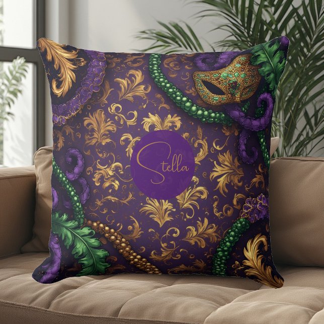 Luxe Mardi Gras Carnaval Gouden Fleur-de-Lis Krale Kussen (Luxury Mardi Gras Carnival Gold Fleur-de-Lis Bead Throw Pillow)