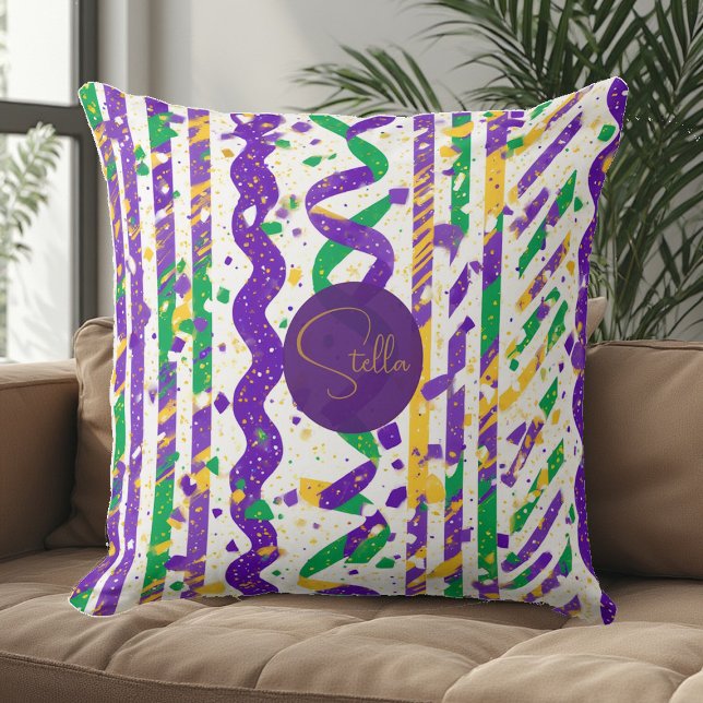 Luxe Mardi Gras Purple Gold Green Stripes Confetti Kussen (Luxe Mardi Gras Purple Gold Green Stripes Confetti Throw Pillow)