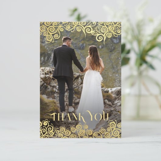 Luxe marine blauw en goud bloeien winter bruiloft bedankkaart (Staand voorkant)