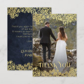 Luxe marine blauw en goud bloeien winter bruiloft bedankkaart (Voorkant / Achterkant)