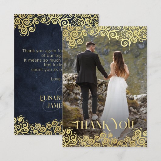 Luxe marine blauw en goud bloeien winter bruiloft bedankkaart (Voorkant / Achterkant)