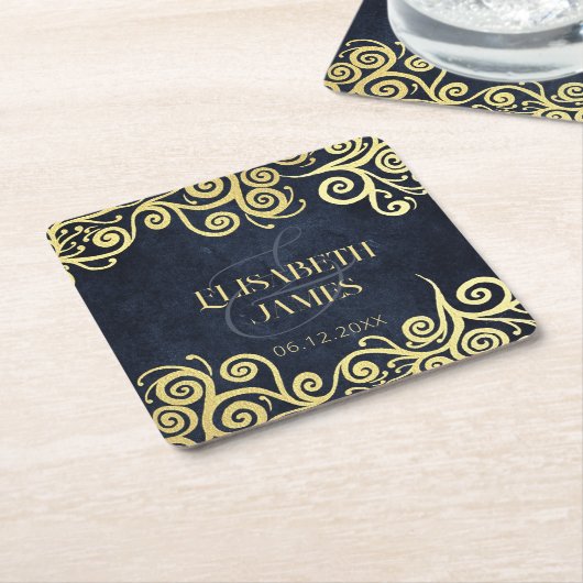 Luxe marine blauw en goud bloeien winter bruiloft kartonnen onderzetters (Schuin)