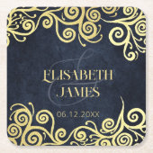 Luxe marine blauw en goud bloeien winter bruiloft kartonnen onderzetters (Voorkant)