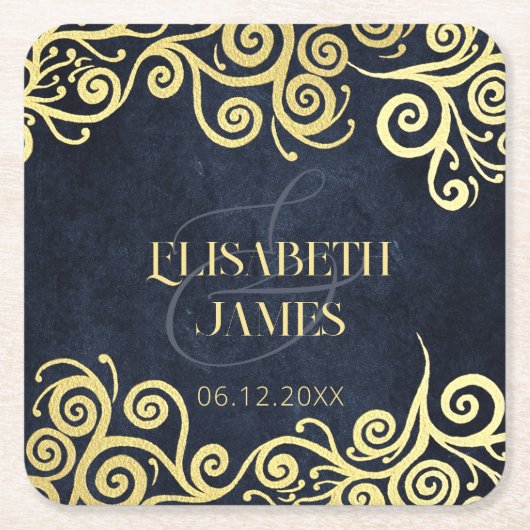Luxe marine blauw en goud bloeien winter bruiloft kartonnen onderzetters (Voorkant)