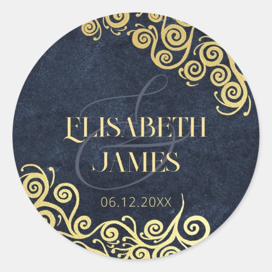 Luxe marine blauw en goud bloeien winter bruiloft ronde sticker (Voorkant)