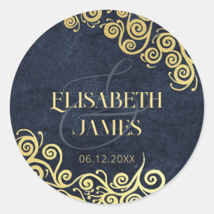 Luxe marine blauw en goud bloeien winter bruiloft ronde sticker