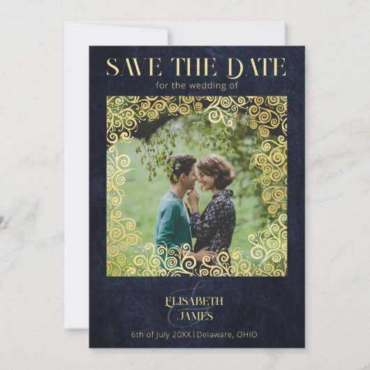 Luxe marine blauw en goud bloeien winter bruiloft save the date (Voorkant)