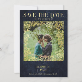 Luxe marine blauw en goud bloeien winter bruiloft save the date