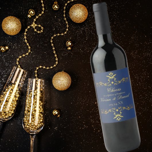 Luxe Marine Blauw en Goud Wedding Wijnfles Labe Wijn Etiket