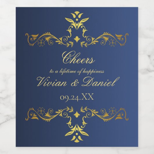 Luxe Marine Blauw en Goud Wedding Wijnfles Labe Wijn Etiket (Enkel label)