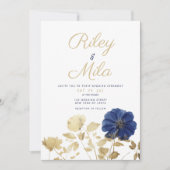 Luxe marine blauw goud gebladerte bloem bruiloft kaart (Voorkant)