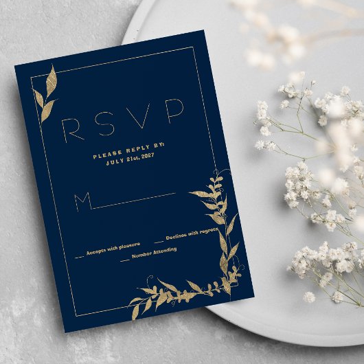 Luxe marine blauw goud gebladerte RSVP Uitnodiging