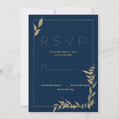 Luxe marine blauw goud gebladerte RSVP Uitnodiging (Voorkant)