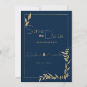 Luxe marine blauw goud gebladerte Save the Date Kaart (Voorkant)