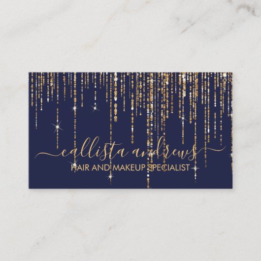 Luxe Marine Blauw Goud Glitter Fringe Gordijn Visitekaartje (Voorkant)