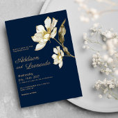 Luxe marine blauw goud wit glitter bloem bruiloft kaart