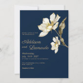 Luxe marine blauw goud wit glitter bloem bruiloft kaart (Voorkant)