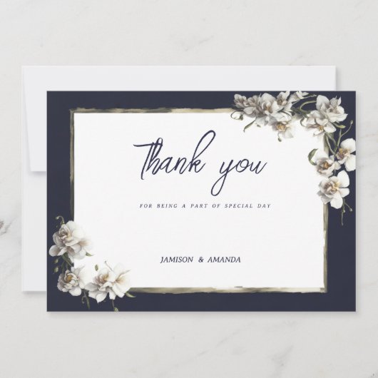 Luxe marine blauw goud wit orchidee Dank u Kaart (Voorkant)