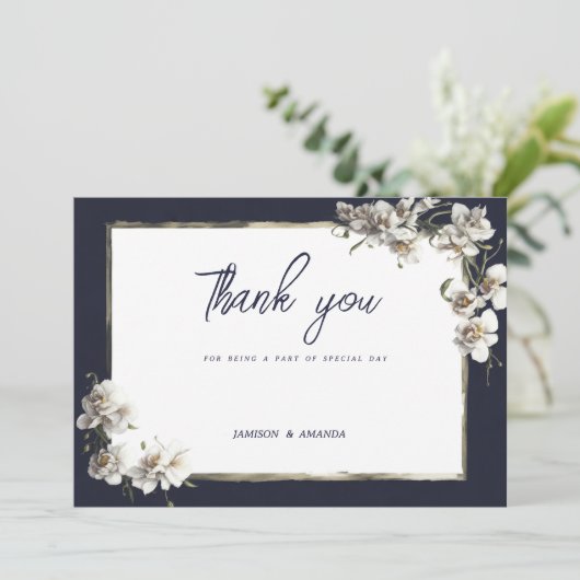 Luxe marine blauw goud wit orchidee Dank u Kaart (Staand voorkant)