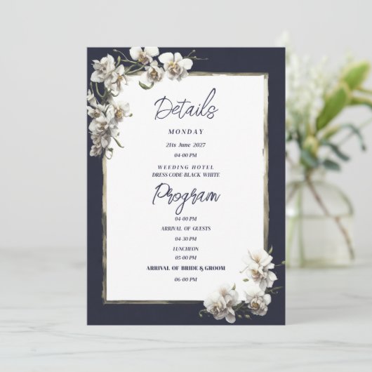 Luxe marine blauw goud wit orchidee Details Progra Kaart (Staand voorkant)