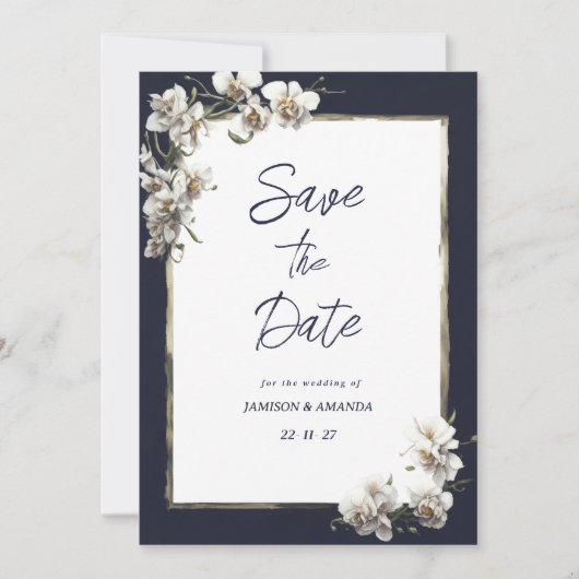 Luxe marine blauw goud wit orchidee Save The Date Kaart (Voorkant)