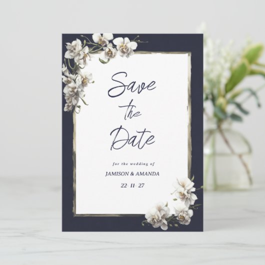 Luxe marine blauw goud wit orchidee Save The Date Kaart (Staand voorkant)