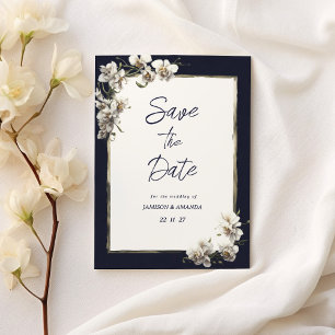 Luxe marine blauw goud wit orchidee Save The Date Kaart