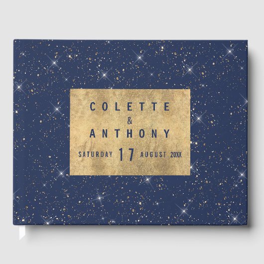 Luxe marine blauw sparkle goud glitter patroon gastenboek (Voorkant)