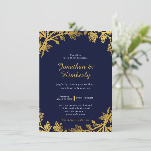 Luxe marine en gouden bruiloft uitnodiging (Staand voorkant)