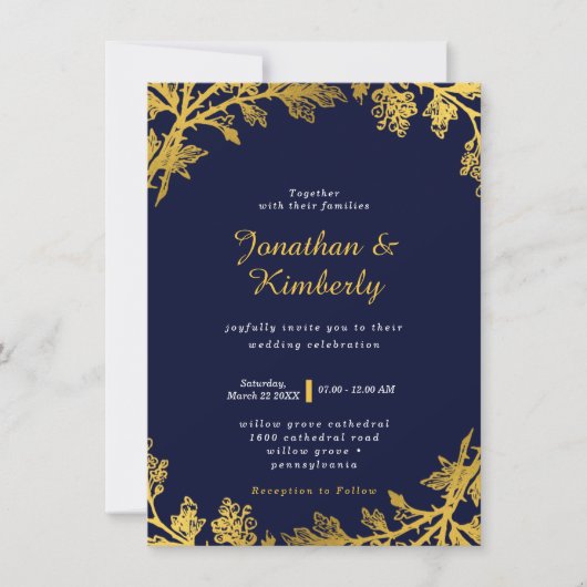 Luxe marine en gouden bruiloft uitnodiging (Voorkant)
