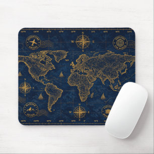 Luxe marine gouden vintage wereldkaartpatroon muismat