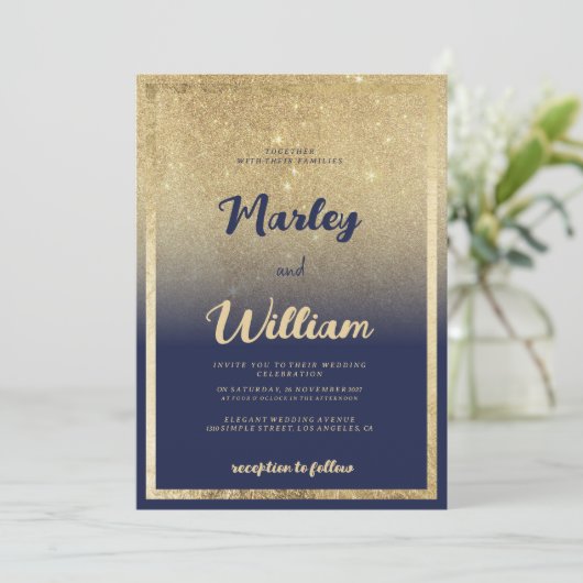 Luxe marineblauw goud ombre glitter Bruiloft Kaart (Staand voorkant)