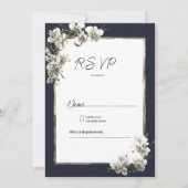 Luxe marineblauw goud wit orchidee bloemenrsvp kaart (Voorkant)