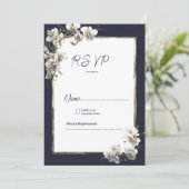 Luxe marineblauw goud wit orchidee bloemenrsvp kaart (Staand voorkant)