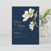 Luxe marineblauw goud witte bloem Save the Date Kaart (Staand voorkant)