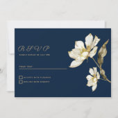 Luxe marineblauw goud witte glitterbloem RSVP Kaart (Voorkant)