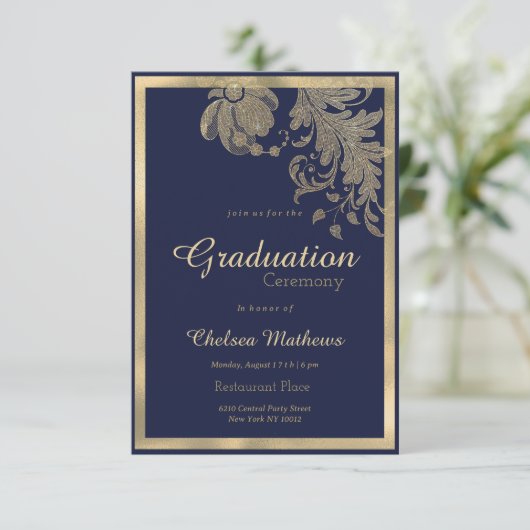 Luxe marineblauw gouden glitter bloemen Afstuderen Kaart (Staand voorkant)
