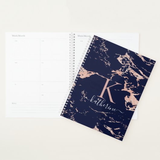 Luxe marineblauw Roos goudfolie marmer monogram Planner (Display)