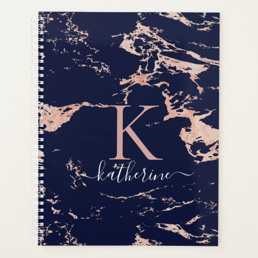 Luxe marineblauw Roos goudfolie marmer monogram Planner (Voorkant)